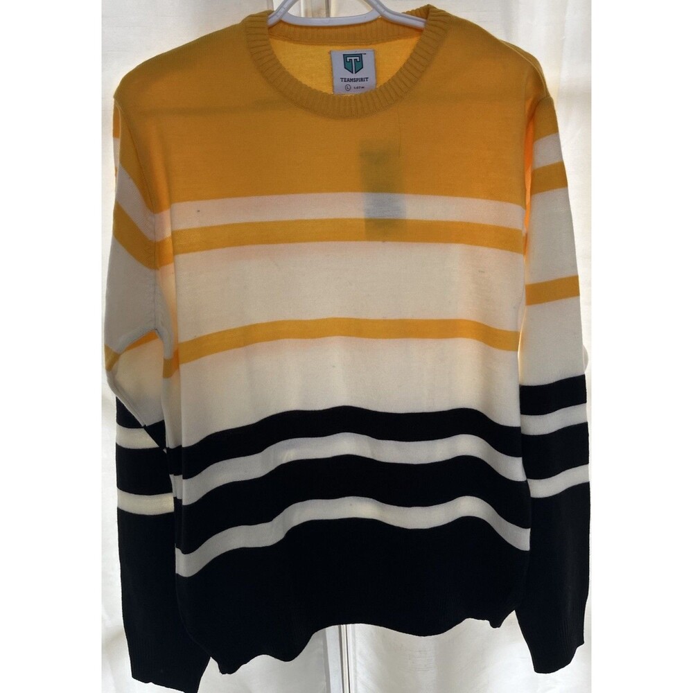 Team Spirit Women’s Sweater Large Striped Yellow Black Crew Neck Pullover NWT
